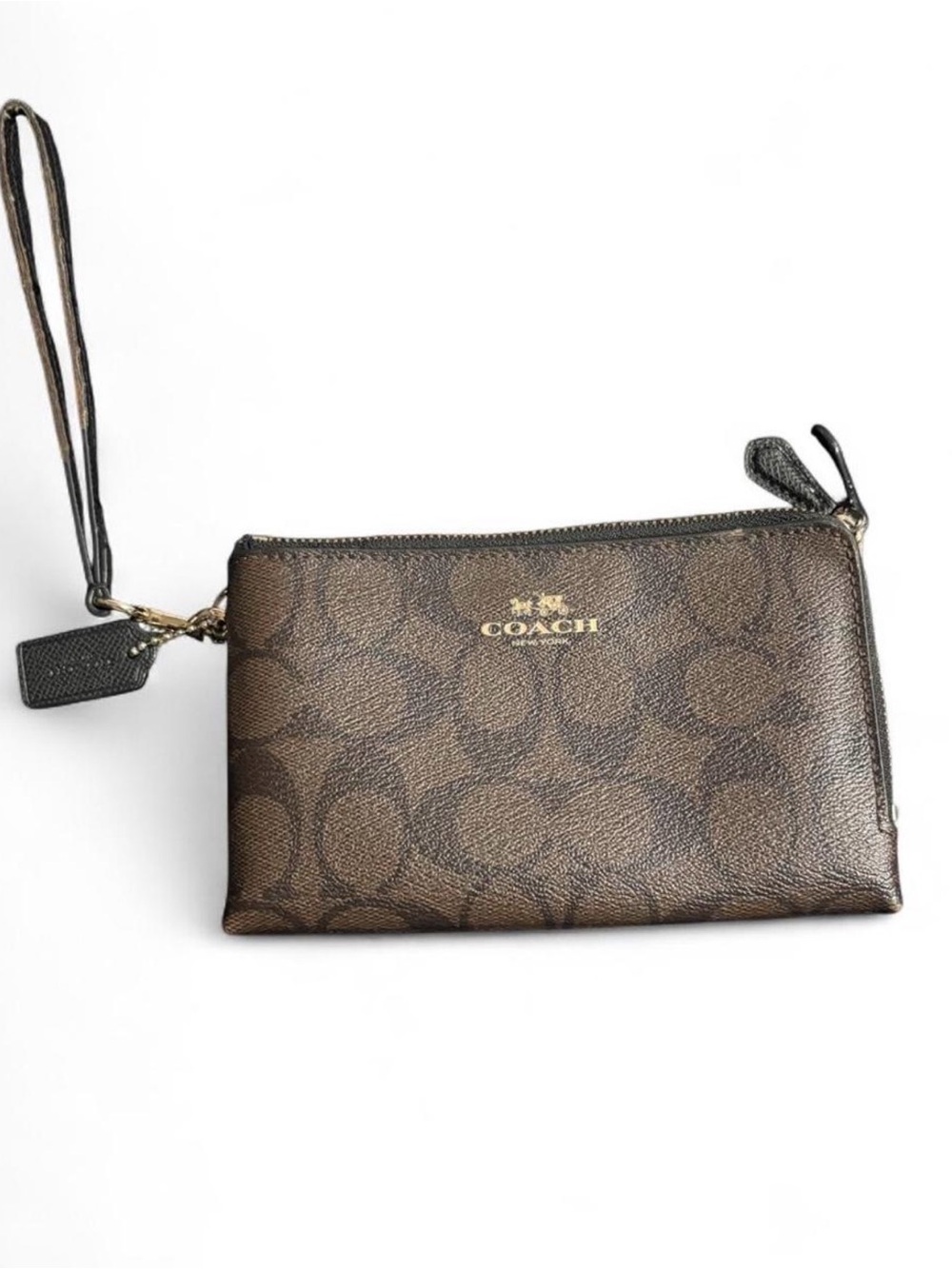 Coach Brown Signature Wristlet with Gold Logo